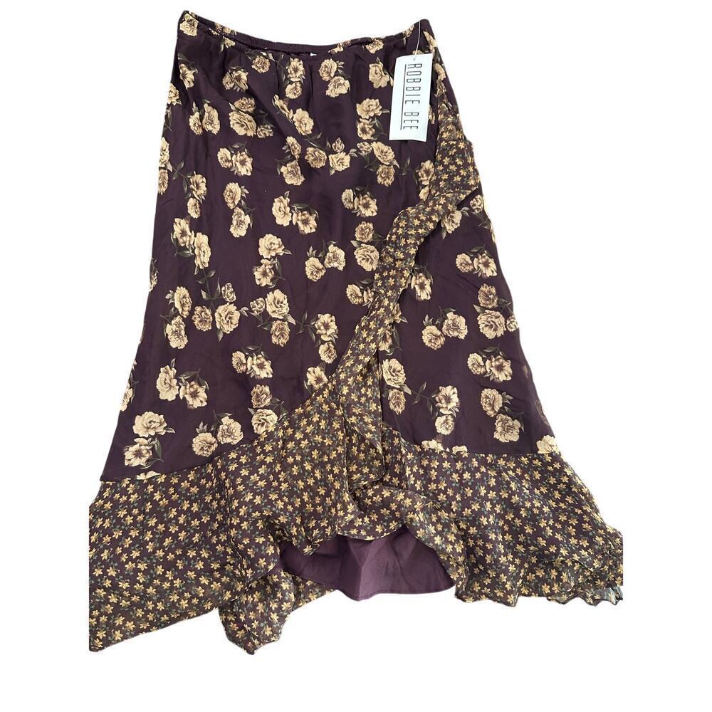 Vintage NWT Robbie Bee Women's Brown 100% Silk Floral Print Maxi Skirt Size 12